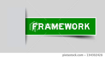 Green color square shape sticker label with word framework inserted in gray background Green color square shape sticker label with word framework inserted in gray background 134302428