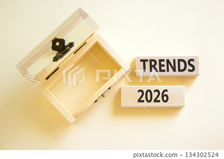 Trends 2026 new year symbol. Concept words Trends 2026 on beautiful wooden blocks. Beautiful white paper background. Beautiful empty wooden chest. Business and Trends 2026 new year concept. Copy space 134302524