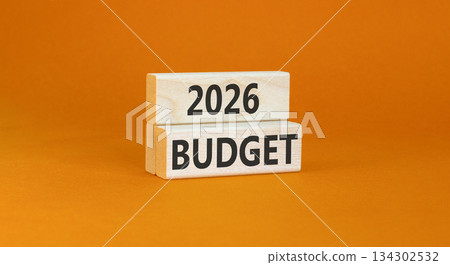 2026 Budget symbol. Concept words 2026 Budget on beautiful wooden blocks. Beautiful orange paper background. Business and 2026 budget concept. Copy space. 134302532