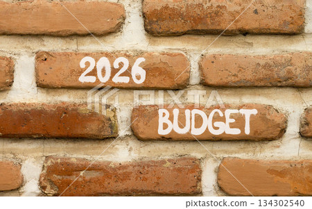 2026 Budget symbol. Concept words 2026 Budget on beautiful brown brick wall. Beautiful brown brick wall background. Business and 2026 budget concept. Copy space. 134302540