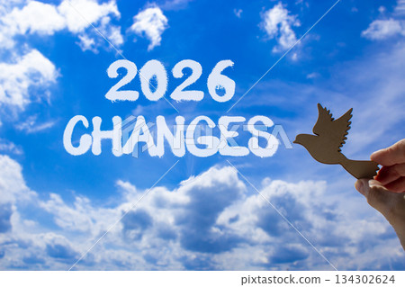 2026 Changes symbol. Concept words 2026 Changes on beautiful blue sky. Beautiful blue sky background. Businessman's hand holds wooden bird. Business and 2026 changes concept. Copy space. 2026 Changes symbol. Concept words 2026 Changes on beautiful blue sky. Beautiful blue sky background. Businessman's hand holds wooden bird. Business and 2026 changes concept. Copy space. 134302624