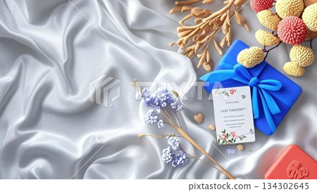 Clay-style wreath and gift on beautiful fabric Clay-style wreath and gift on beautiful fabric 134302645