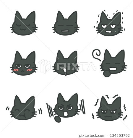 A set of various black cat facial expressions - illustrations of expressive cats 134303792