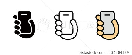 Icon of a hand holding a smartphone, icon representing social media and contact Icon of a hand holding a smartphone, icon representing social media and contact 134304189