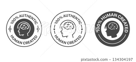 Human created badge set. It includes human made, made by human, No AI used, logo, sign, symbol and sticker 134304197