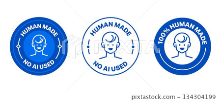 Human made badge set. It includes No AI used, made by human, logo, sign, symbol and sticker 134304199