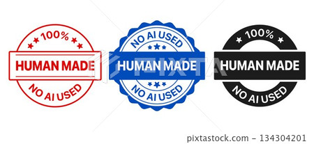 100% human made badge set. It includes No AI used, made by human, logo, sign, symbol and sticker 134304201