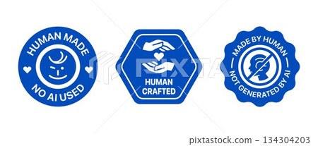 Human made badge set. It includes No AI used, made by human, logo, sign, symbol and sticker 134304203