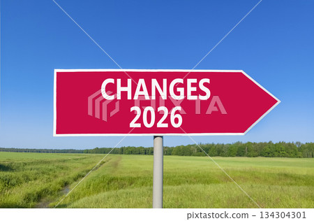 Changes 2026 symbol. Concept words Changes 2026 on beautiful red road sign. Beautiful green grass field forest and blue sky background. Business and changes 2026 concept. Copy space. Changes 2026 symbol. Concept words Changes 2026 on beautiful red road sign. Beautiful green grass field forest and blue sky background. Business and changes 2026 concept. Copy space. 134304301