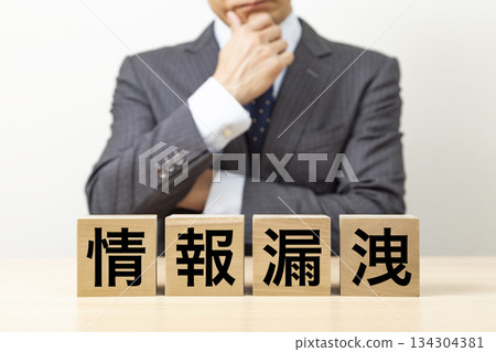 一塊寫著「資訊外洩」字樣的磚塊和一個商人 134304381