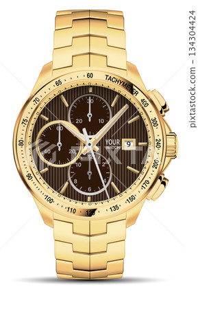 Realistic watch clock chronograph gold steel design luxury fashion object for men on white background vector 134304424