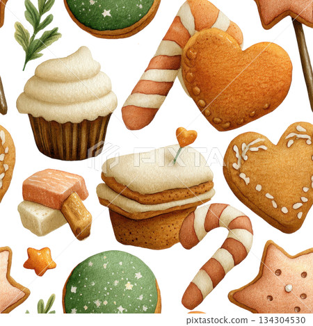 Festive Christmas cookies and treats with gingerbread, candy canes, cupcakes, and holiday decorations for joyful new year 134304530