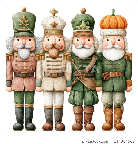 Four festive nutcracker soldiers dressed unique holiday themed uniforms, each showcasing intricate details and cheerful Four festive nutcracker soldiers dressed unique holiday themed uniforms, each showcasing intricate details and cheerful 134304562