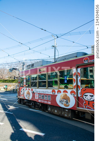 東京櫻花電車在東京王子市飛鳥山公園附近的晴朗天空下行駛 134304656