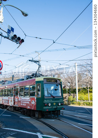 東京櫻花電車在東京王子市飛鳥山公園附近的晴朗天空下行駛 134304660