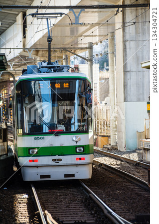 Tokyo Sakura Tram train moving under a bright, clear sky near Asukayama Park in Oji, Tokyo 134304721