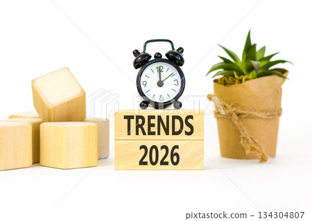Trends 2026 new year symbol. Concept words Trends 2026 on beautiful wooden blocks. Beautiful white paper background. Beautiful black alarm clock. Business and Trends 2026 new year concept. Copy space. Trends 2026 new year symbol. Concept words Trends 2026 on beautiful wooden blocks. Beautiful white paper background. Beautiful black alarm clock. Business and Trends 2026 new year concept. Copy space. 134304807