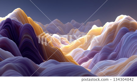 High-resolution abstract 3D rendering of flowing, colorful, undulating mountain-like shapes in shades of purple, yellow, orange, and white. Organic lines and smooth gradient lighting. High-resolution abstract 3D rendering of flowing, colorful, undulating mountain-like shapes in shades of purple, yellow, orange, and white. Organic lines and smooth gradient lighting. 134304842