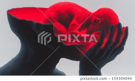 Stark, symbolic side-profile portrait of a dark, textured human hand holding a head silhouette containing a curled-up, glowing red fetal figure. Stark, symbolic side-profile portrait of a dark, textured human hand holding a head silhouette containing a curled-up, glowing red fetal figure. 134304844