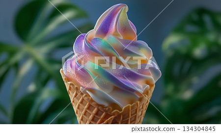 Whimsical, iridescent, and glittery soft-serve ice cream cone with swirls of pastel purple, yellow, and green. Set against a soft-focus tropical leaf background. Whimsical, iridescent, and glittery soft-serve ice cream cone with swirls of pastel purple, yellow, and green. Set against a soft-focus tropical leaf background. 134304845