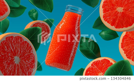 Visually appealing flat lay composition of a bottle of vibrant red grapefruit juice surrounded by sliced grapefruits and green leaves, against a blue background. Healthy food and drink. Visually appealing flat lay composition of a bottle of vibrant red grapefruit juice surrounded by sliced grapefruits and green leaves, against a blue background. Healthy food and drink. 134304846