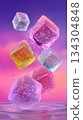 Vibrant composition of levitating translucent, colorful, sugar-like ice cubes with fizzing bubbles, set against a pink and purple gradient background. Refreshment and flavor concept. 134304848