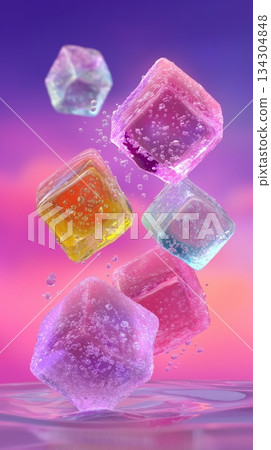 Vibrant composition of levitating translucent, colorful, sugar-like ice cubes with fizzing bubbles, set against a pink and purple gradient background. Refreshment and flavor concept. Vibrant composition of levitating translucent, colorful, sugar-like ice cubes with fizzing bubbles, set against a pink and purple gradient background. Refreshment and flavor concept. 134304848