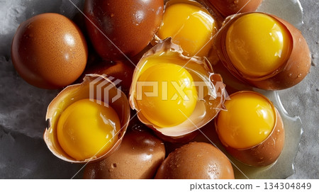 High-angle, macro photograph of several whole and cracked brown eggs, showcasing bright, dense, yellow yolks and egg whites, suggesting fresh, organic ingredients for cooking or baking. High-angle, macro photograph of several whole and cracked brown eggs, showcasing bright, dense, yellow yolks and egg whites, suggesting fresh, organic ingredients for cooking or baking. 134304849