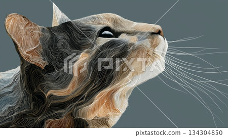 Highly stylized, abstract illustration of a cat's head in profile, created with curving, flowing lines resembling contours and brushstrokes in various earth tones. Highly stylized, abstract illustration of a cat's head in profile, created with curving, flowing lines resembling contours and brushstrokes in various earth tones. 134304850