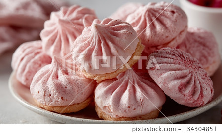 Full-frame, close-up of a pile of small, delicately piped pink meringue cookies on a white plate, dusted lightly with pink powder, suggesting sweet, homemade French desserts. 134304851