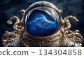 Highly detailed digital illustration of an ornate, gilded astronaut helmet reflecting a vibrant, swirling blue nebula and starry cosmic dust in the visor. 134304858