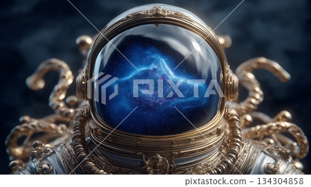 Highly detailed digital illustration of an ornate, gilded astronaut helmet reflecting a vibrant, swirling blue nebula and starry cosmic dust in the visor. Highly detailed digital illustration of an ornate, gilded astronaut helmet reflecting a vibrant, swirling blue nebula and starry cosmic dust in the visor. 134304858