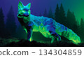Stunning digital art of a low-poly fox statue, glowing neon blue and green, standing in a dark, misty forest landscape with tall pine trees. 134304859
