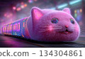 Whimsical, highly detailed, plush pink cat-themed train with sparkling, glittery eyes and carriages, rendered in a nighttime city setting. Fantasy, childhood, and fun concept. 134304861