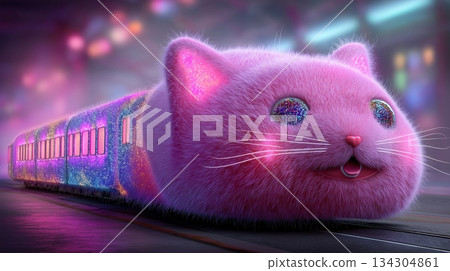 Whimsical, highly detailed, plush pink cat-themed train with sparkling, glittery eyes and carriages, rendered in a nighttime city setting. Fantasy, childhood, and fun concept. Whimsical, highly detailed, plush pink cat-themed train with sparkling, glittery eyes and carriages, rendered in a nighttime city setting. Fantasy, childhood, and fun concept. 134304861