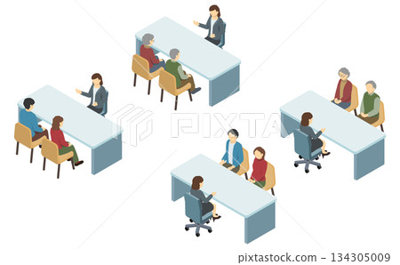 等距插畫：一位身穿西裝的男士正在辦公桌前講解某件事。 134305009