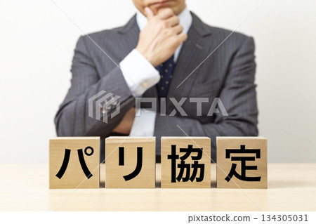 Blocks with the word "Paris Agreement" written on them and businessmen Blocks with the word "Paris Agreement" written on them and businessmen 134305031