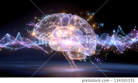 AI brainwave background with neural links and wave motion. AI brainwave background with neural links and wave motion. 134305335
