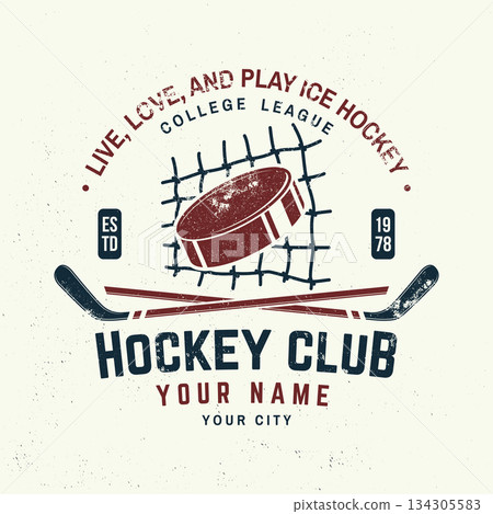 Ice Hockey club logo, badge design. Concept for shirt or logo, print, stamp or tee. Winter sport. Vector illustration. Hockey championship. 134305583