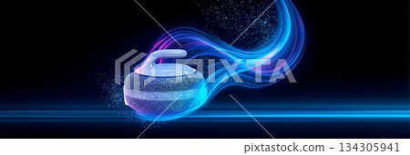 Curling stone banner with dynamic colorful energetic light trails. Curling wallpaper 134305941
