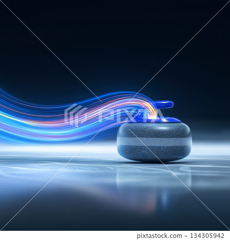 Curling stone banner with dynamic colorful energetic light trails. Curling wallpaper Curling stone banner with dynamic colorful energetic light trails. Curling wallpaper 134305942