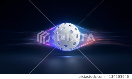 Floorball ball banner with dynamic colorful energetic light trails. Floorball wallpaper 134305946