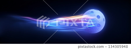 Floorball ball banner with dynamic colorful energetic light trails. Floorball wallpaper 134305948