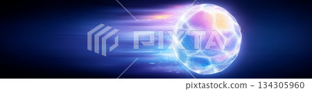 Soccer banner with dynamic colorful energetic light trails. Soccer ball wallpaper 134305960
