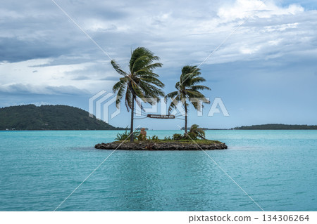 Small Islet with Bora Bora Airport Sign in French Polynesia 134306264