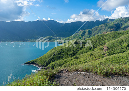 Taiohae Bay and town with anchored sailboats in Nuku Hiva, Marquesas Islands, French Polynesia Taiohae Bay and town with anchored sailboats in Nuku Hiva, Marquesas Islands, French Polynesia 134306270