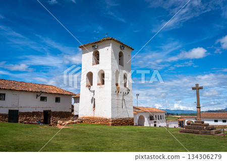 Colonial church in Chinchero, Peru, with white adobe bell tower Colonial church in Chinchero, Peru, with white adobe bell tower 134306279