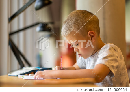 Schoolboy doing homework at a table in the city library. Schoolboy doing homework at a table in the city library. 134306634