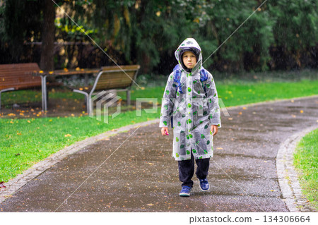 A child in a raincoat with a school bag goes to school in the rain. 134306664