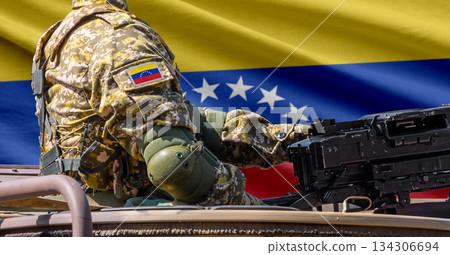 Venezuela flag with soldier at machinegun turret Venezuela flag with soldier at machinegun turret 134306694